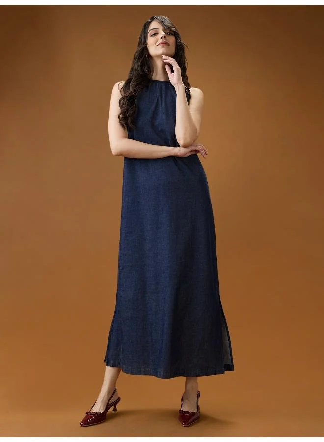 جلو باص فستان ماكسي نسائي أزرق داكن بياقة مستديرة بدون أكمام سادة بتصميم -